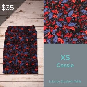 LuLaRoe Cassie Skirt - Vibrant Red and Blue Leaf Design